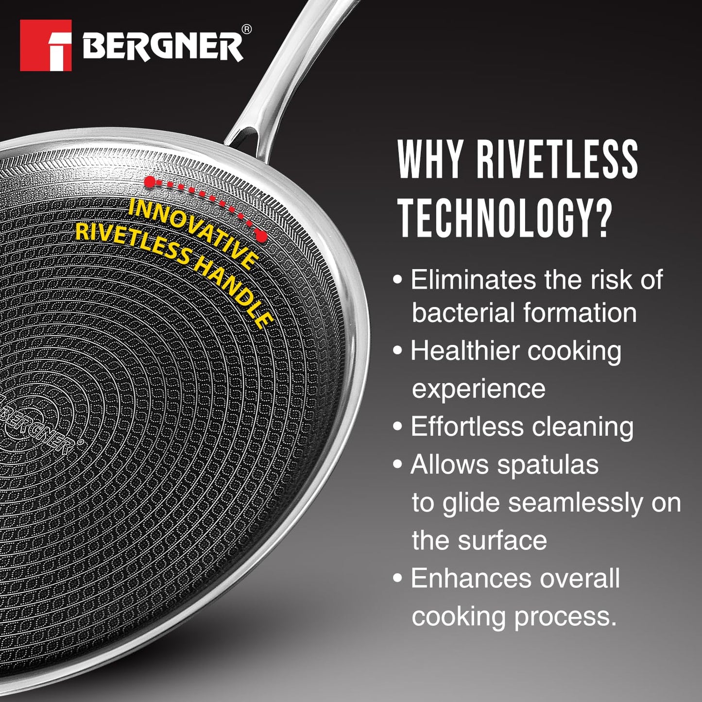 BERGNER Hi-Tech Giro Triply Stainless Steel 28cm Dosa Tawa, Honeycomb Mesh Non-Stick Coating, PFOA Free, Even Heat Distribution, Sturdy and Durable Stay Cool Handle - Induction and Gas Stove Ready