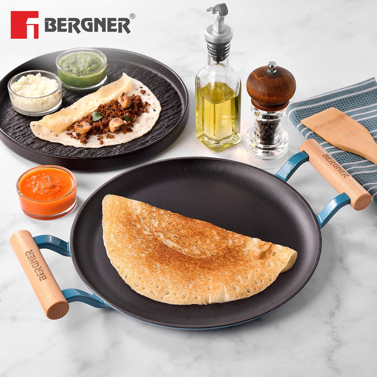 BERGNER Excalibur Lightweight Cast Iron Dosa Tawa 28cm, Double Sided Sturdy Handle, Non-Stick Coating, PFAS Free, Perfect Heat Distribution, Elegant Design - Induction Compatible (Blue)