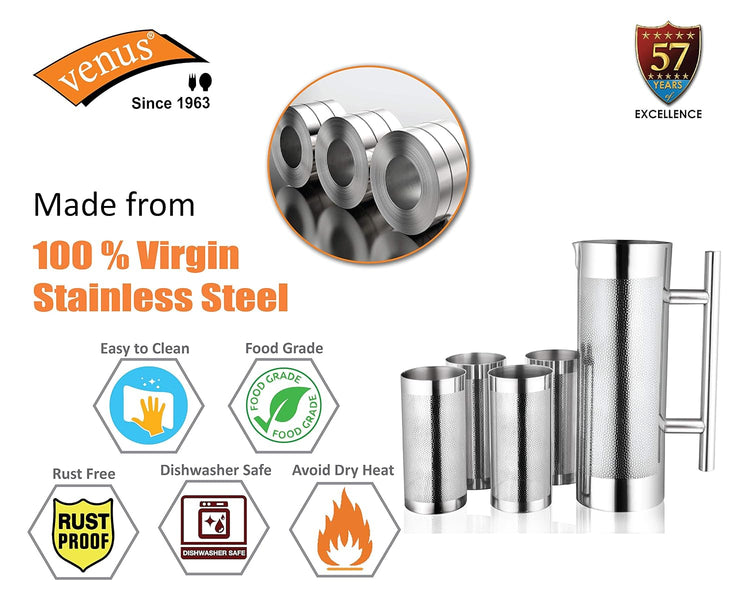 Venus Stainless Steel jug with 4 Glass Set Jug Capacity 1.2 LTR,Glass Capacity 300 Ml Each.Stainless Steel Rust Free Food Grade