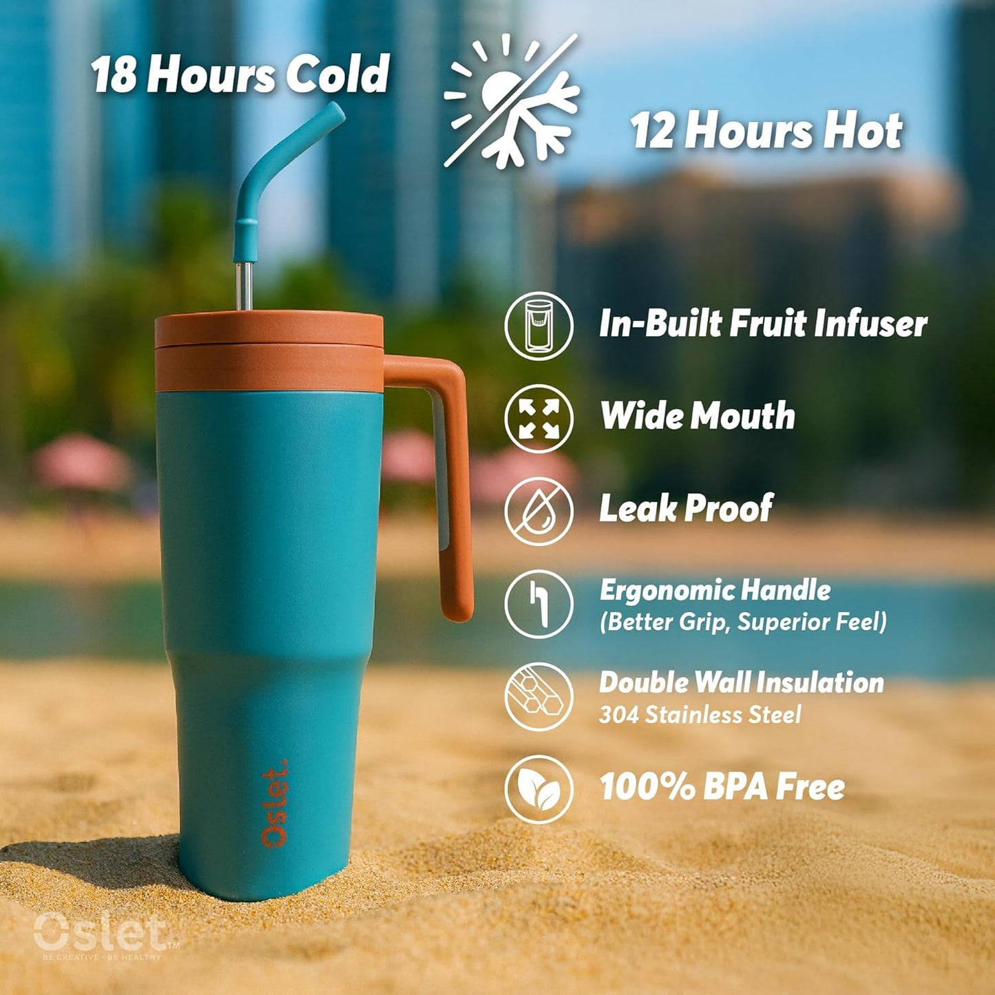Vesta1200ml Stainless Steel Hot & Cold Tumbler | Double Insulated | BPA Free,Leak Proof | Fruit Infuser for Making Detox Water | SS Straw & Soft Handle | Use in Gym, Office & Car (Royal Green)