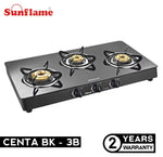 SUNFLAME CENTA 3 Burner Toughened Glass Top Gas Stove with 2 years Made In India.(Manual Ignition, Black)