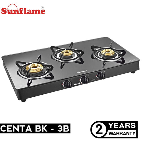 SUNFLAME CENTA 3 Burner Toughened Glass Top Gas Stove with 2 years Made In India.(Manual Ignition, Black)