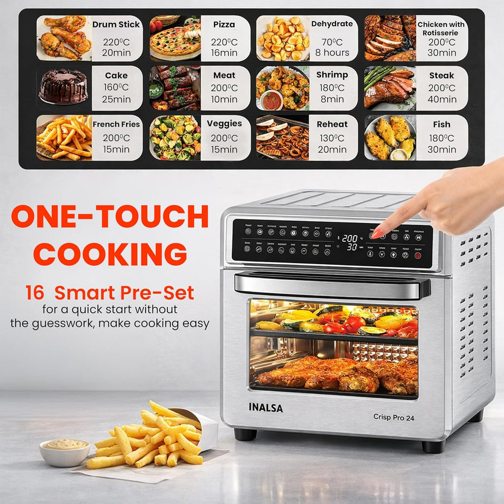 INALSA Crisp Pro 24 Air Fryer Oven 24 Litre 1700W|Digital Display|16 Preset Functions|Rotisserie,OTG,Convection Oven|220°C Max Temp|Oil-Free Cooking|With Crumb Tray, Skewer Rods & More|2 Yr Warranty