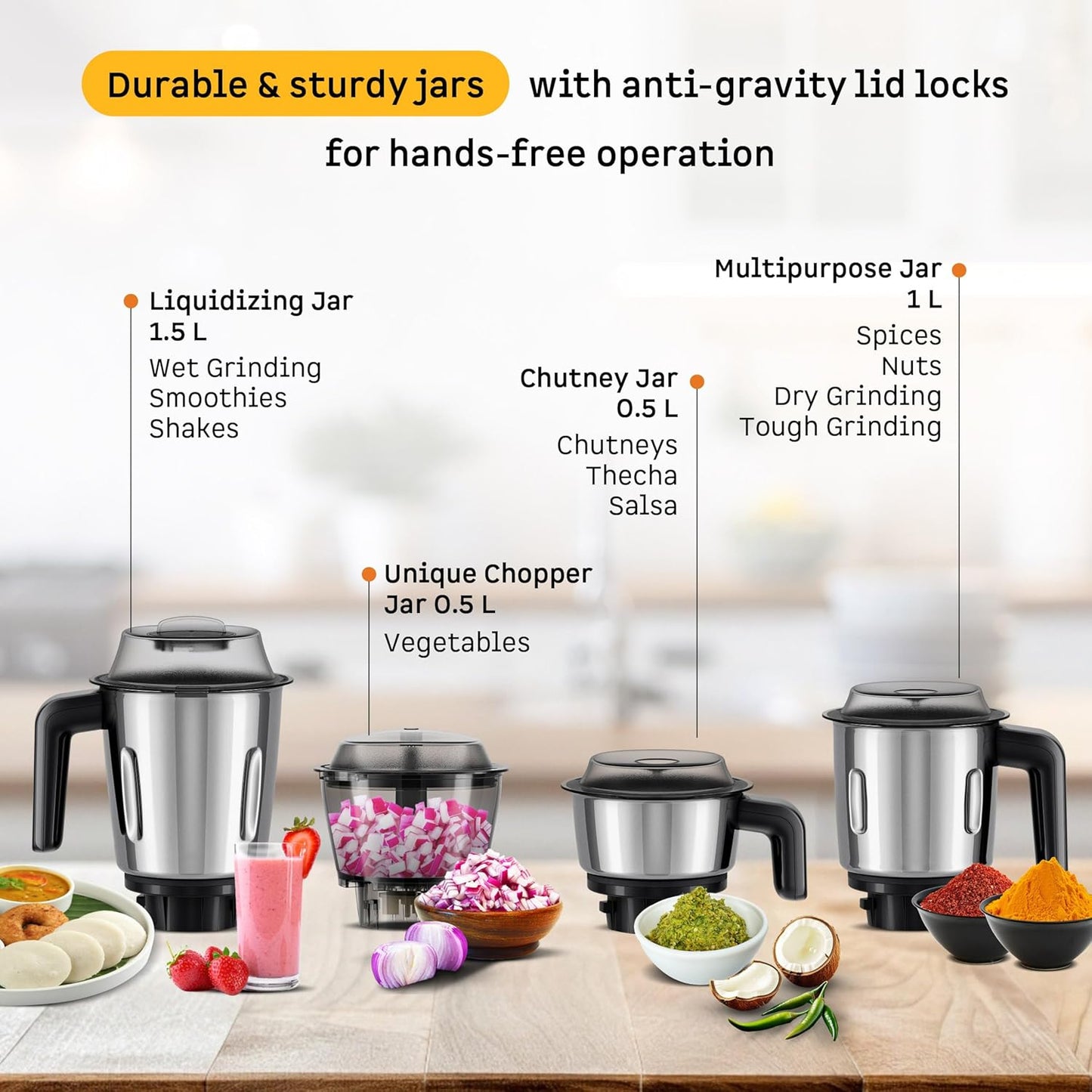 Atomberg Yulia 750 Watt Mixer Grinder | 4 Multipurpose Jars including Chopper Jar | Coarse Mode for Silbatta-like Textures | Powerful Intelligent Motor | Advanced Safety Features | Ritz Blue
