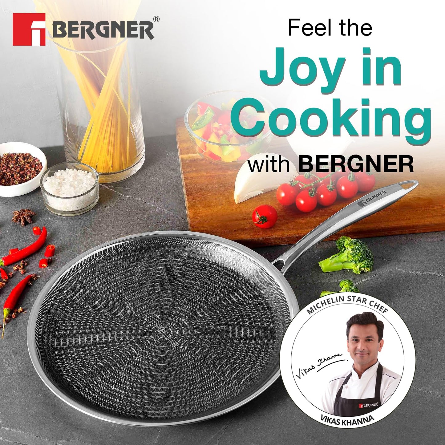 BERGNER Hi-Tech Giro Triply Stainless Steel 28cm Dosa Tawa, Honeycomb Mesh Non-Stick Coating, PFOA Free, Even Heat Distribution, Sturdy and Durable Stay Cool Handle - Induction and Gas Stove Ready