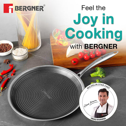 BERGNER Hi-Tech Giro Triply Stainless Steel 28cm Dosa Tawa, Honeycomb Mesh Non-Stick Coating, PFOA Free, Even Heat Distribution, Sturdy and Durable Stay Cool Handle - Induction and Gas Stove Ready