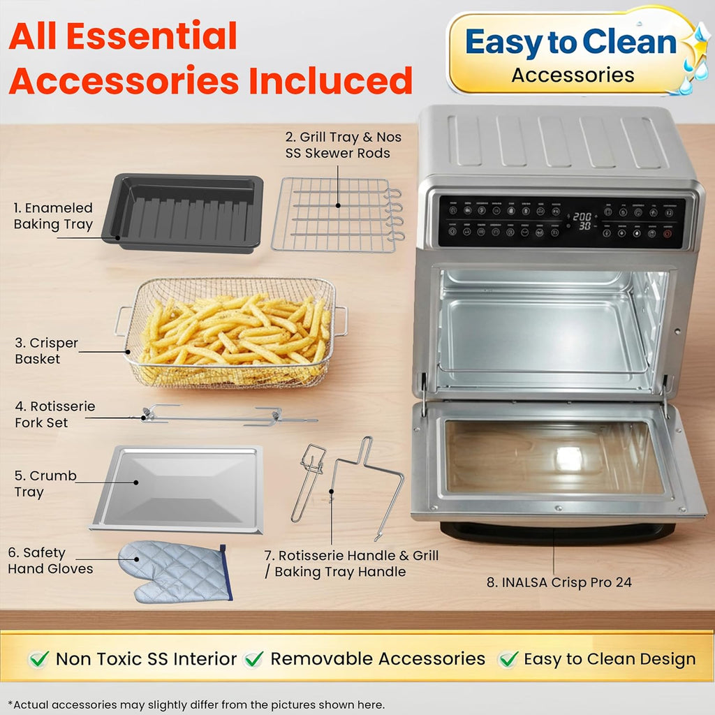 INALSA Crisp Pro 24 Air Fryer Oven 24 Litre 1700W|Digital Display|16 Preset Functions|Rotisserie,OTG,Convection Oven|220°C Max Temp|Oil-Free Cooking|With Crumb Tray, Skewer Rods & More|2 Yr Warranty
