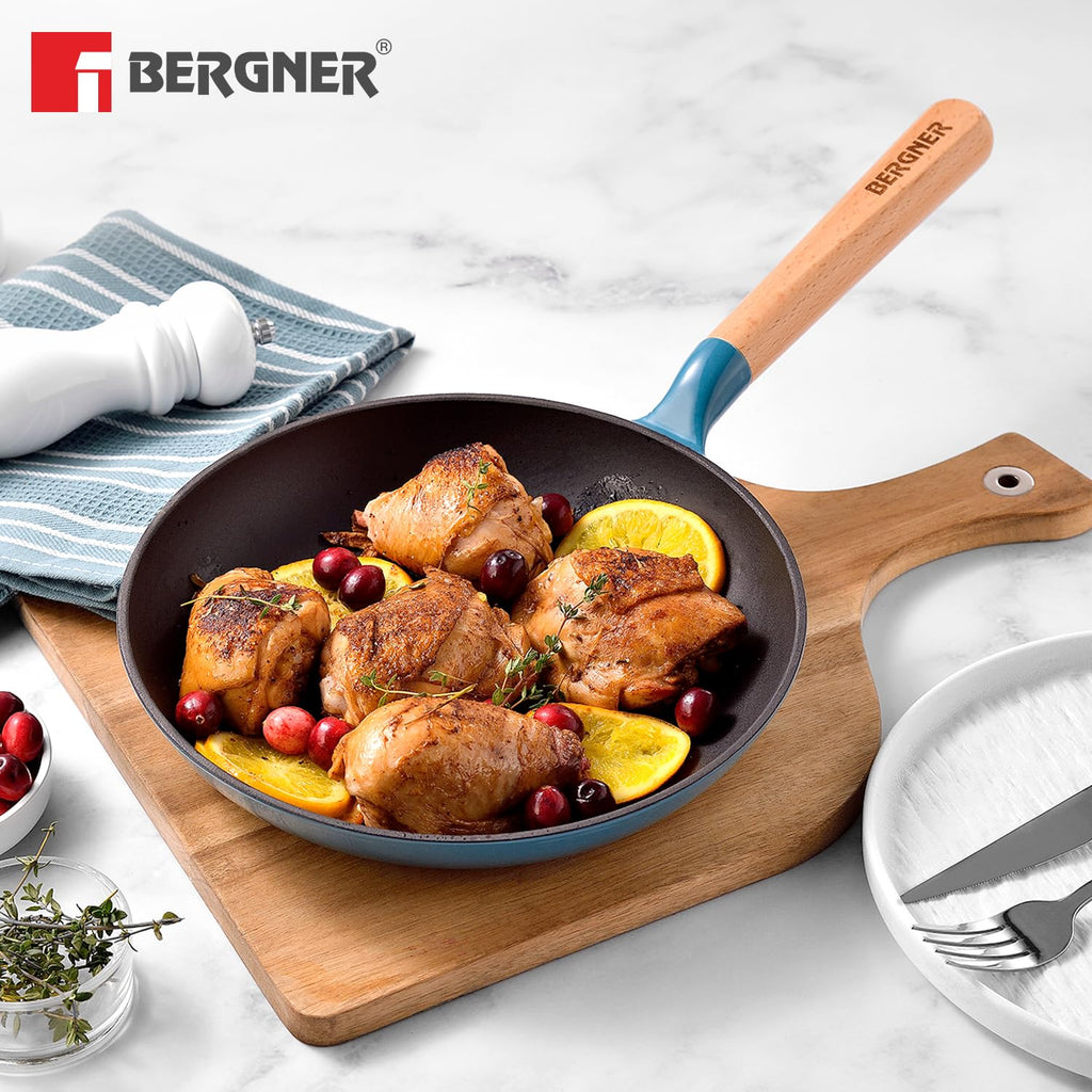 BERGNER Excalibur Lightweight Cast Iron Frypan 18cm, Sturdy Wooden Handle, Non-Stick Coating, PFAS Free, Perfect Heat Distribution, Elegant Design - Induction and Gas Stove Ready (Blue)
