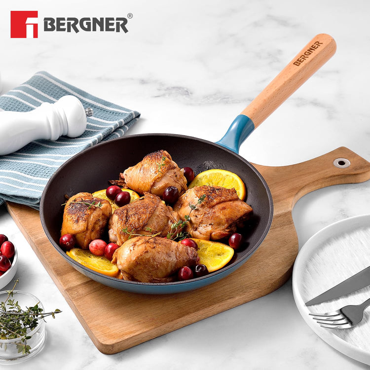 BERGNER Excalibur Lightweight Cast Iron Frypan 18cm, Sturdy Wooden Handle, Non-Stick Coating, PFAS Free, Perfect Heat Distribution, Elegant Design - Induction and Gas Stove Ready (Blue)