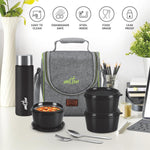 MILTON Dazzle Lunch Box, 3 Microwave Safe Inner Steel Containers 320 ml Each, Steel Bottle 430 ml with Cutlery, Tiffin Box Steel, Lunch Box Bags, Grey