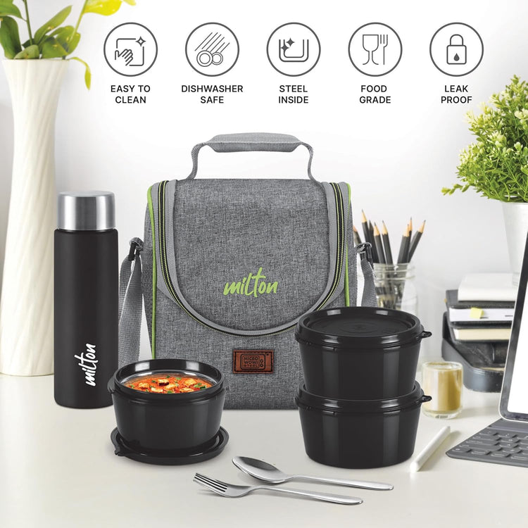 MILTON Dazzle Lunch Box, 3 Microwave Safe Inner Steel Containers 320 ml Each, Steel Bottle 430 ml with Cutlery, Tiffin Box Steel, Lunch Box Bags, Grey