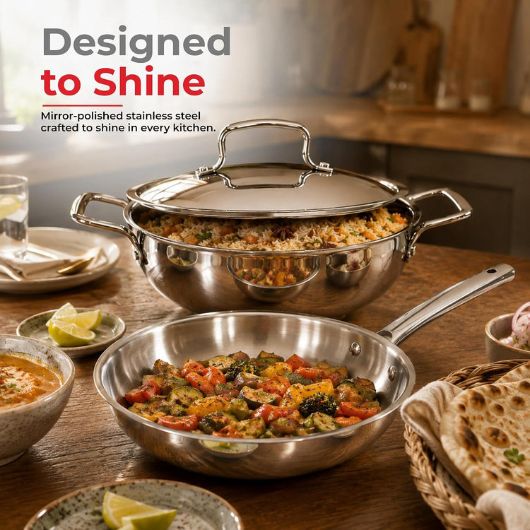 Vinod Grandior Triply Stainless Steel Cookware Set of 3 Pcs | 2.3 L Kadai (22 cm), 1.5 L Frypan (22 cm) with Common Lid | Event Heating, Less Oil Healthy Cooking, Induction & Gas Compatible