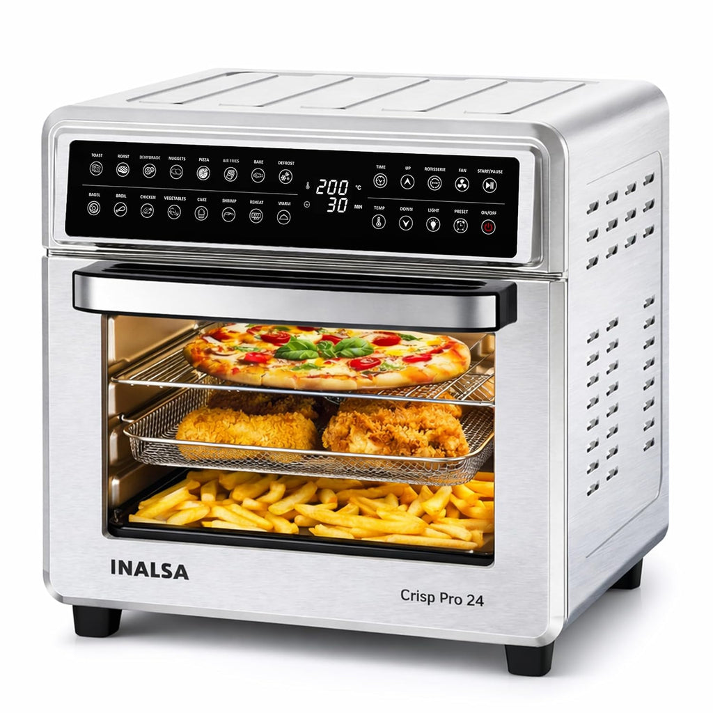 INALSA Crisp Pro 24 Air Fryer Oven 24 Litre 1700W|Digital Display|16 Preset Functions|Rotisserie,OTG,Convection Oven|220°C Max Temp|Oil-Free Cooking|With Crumb Tray, Skewer Rods & More|2 Yr Warranty