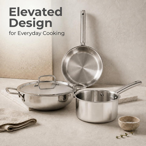 Vinod Grandior Triply Stainless Steel Cookware Set 4 Pcs - 22cm (2.3 L) Kadai, 22cm (1.5 L) Frypan, 14cm (1.2 L) Saucepan | 304 Food-Grade, 2.5mm Thick, Toxin-Free, Even Heating, Induction & Gas