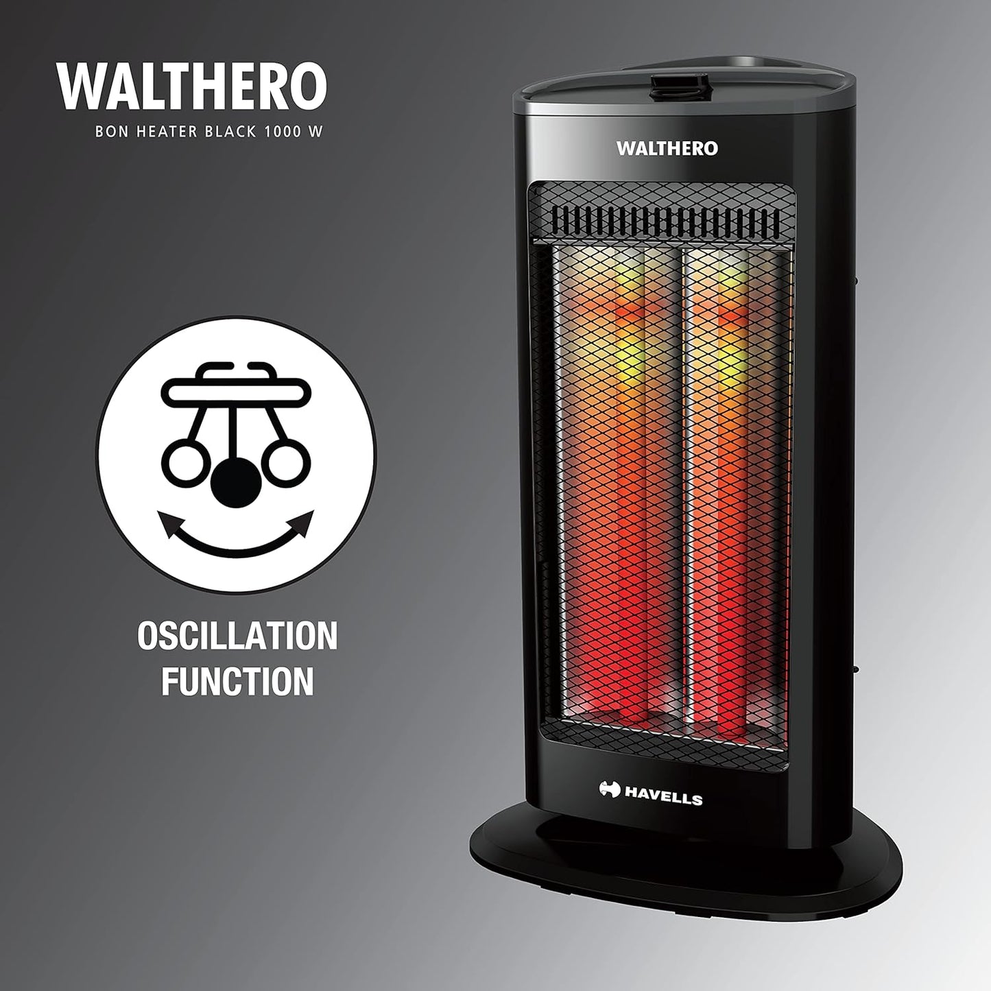 Havells Walthero 1000 Watt Room Heater with Two Carbon Heating Tubes| Tip Over Protection| Silent Operation| Anti Rust Protection| 2 years Manufacturer Warranty (Black)