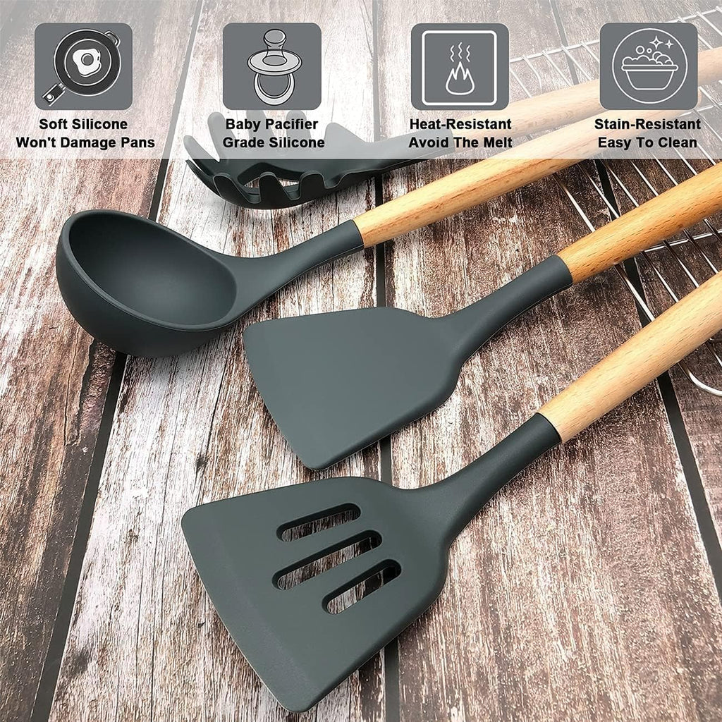 12 Pcs Silicone Kitchen Tool Set with Wooden Handles | Non Stick Cookware Safe Cooking Utensils with Storage Holder | Kitchen Accessories Set for Cooking & Baking (Grey)