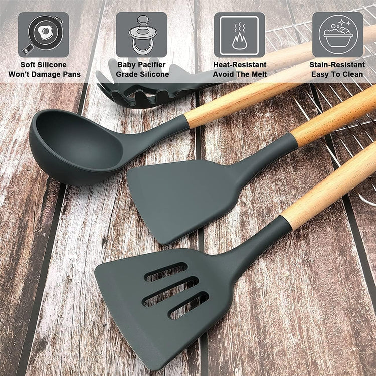 12 Pcs Silicone Kitchen Tool Set with Wooden Handles | Non Stick Cookware Safe Cooking Utensils with Storage Holder | Kitchen Accessories Set for Cooking & Baking (Grey)