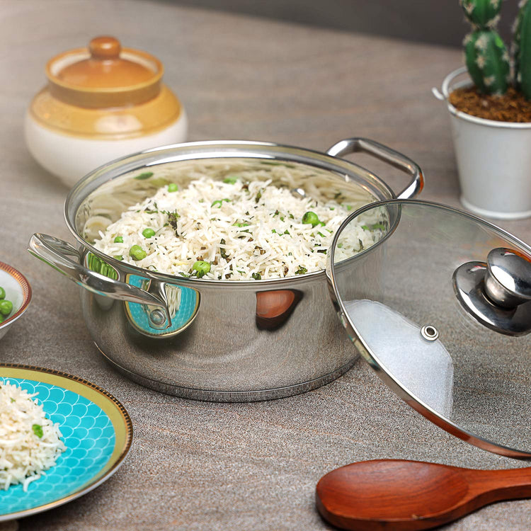 Vinod Roma Saucepot Stainless Steel Set of 2 with Glass Lid | 1.1 and 1.5 Litre | Biryani Pot | Sandwich Bottom | Rivetted Handle| Induction & Gas Base | 2 Year Warranty