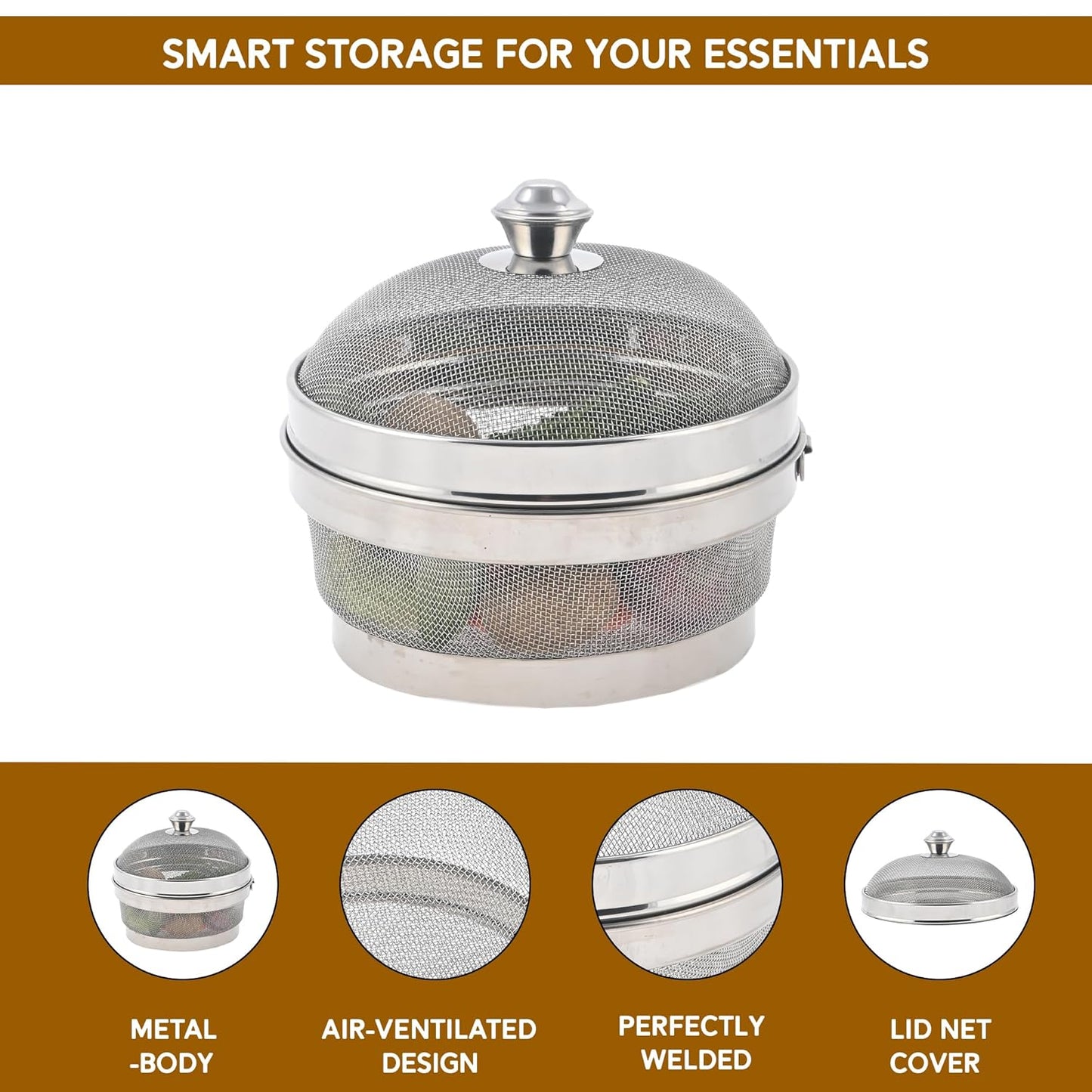 Devidayal 12" Stainless Steel Fruit Basket for Dining Table With Net Cover & Lid - Vegetable Organizer Bowl Storage/Holder for Kitchen