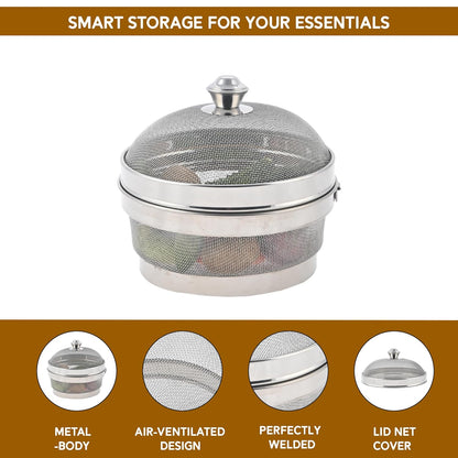 Devidayal 12" Stainless Steel Fruit Basket for Dining Table With Net Cover & Lid - Vegetable Organizer Bowl Storage/Holder for Kitchen