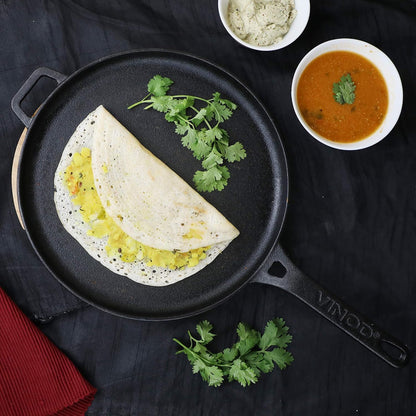 Vinod Legacy Pre-Seasoned Cast Iron Dosa Tawa with Handle, 28 cm | Naturally Non-Stick, Heavy Duty | 100% Pure & Toxin-Free | Ideal for Dosa, Chilla & Paratha | Gas Stove Base | 2 Yr Warranty
