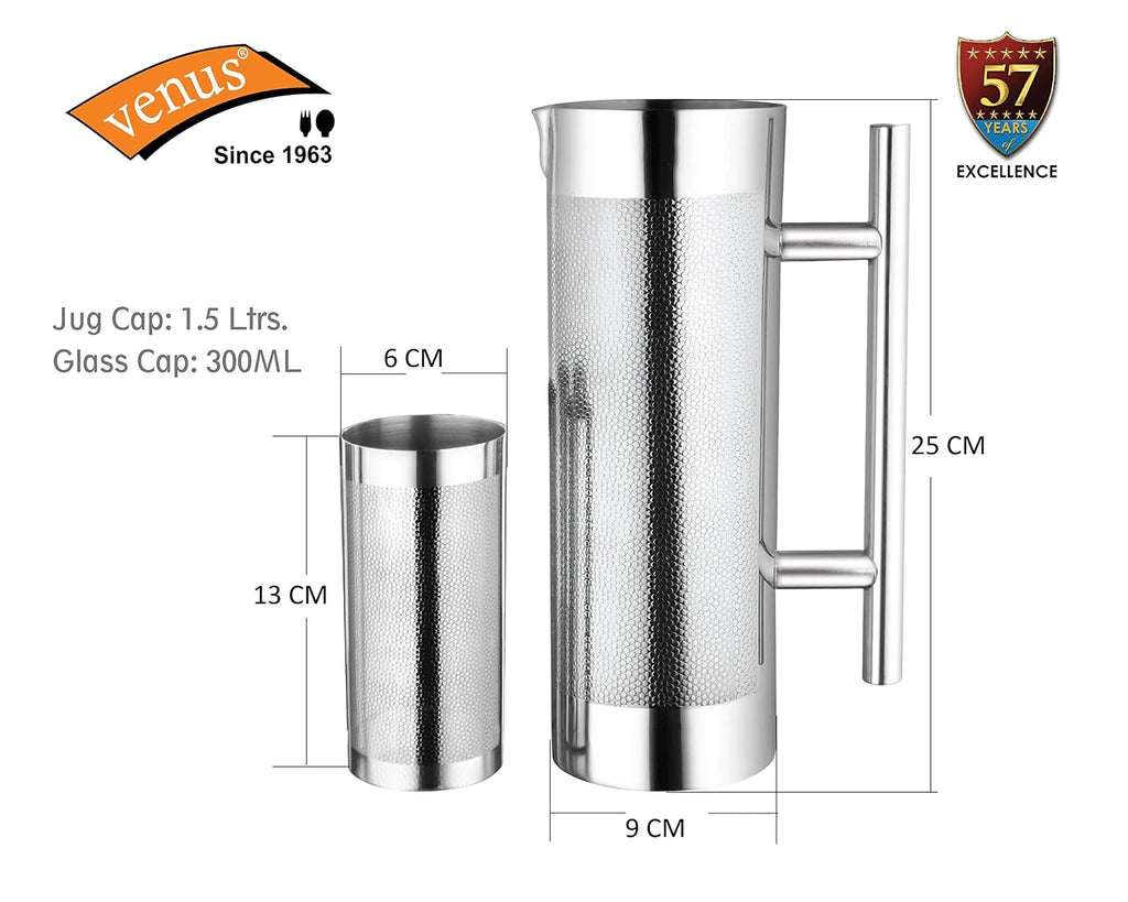 Venus Stainless Steel jug with 4 Glass Set Jug Capacity 1.2 LTR,Glass Capacity 300 Ml Each.Stainless Steel Rust Free Food Grade