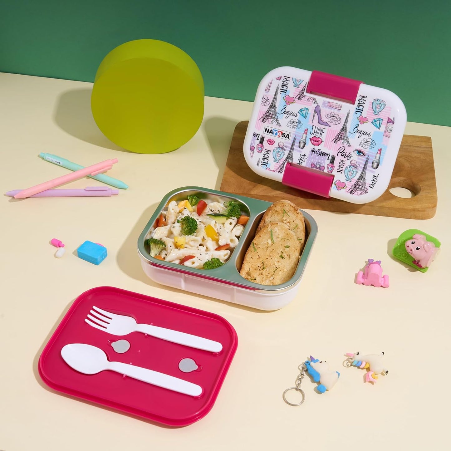 Nayasa Marco 2 Compartment Stainless Steel Insulated Lunch Box for Kids Girls | Paris Print | Vacuum Sealed Leak Proof Tiffin Box | 650 ml | White