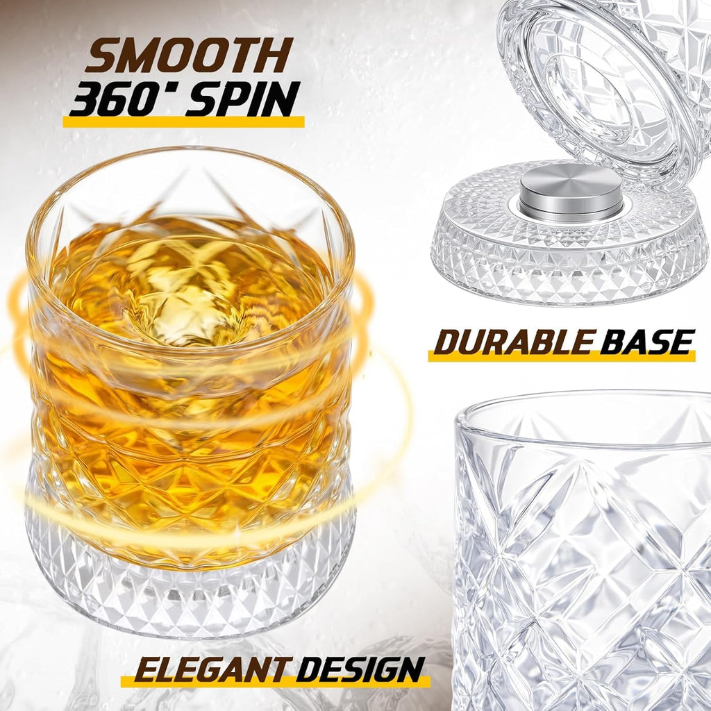 IndElite Luxury Rotating Whiskey Glass Set of 1| Crystal Cut Spinning Whisky Glass with LED Light Coaster | Premium Barware Gift for Men & Whiskey Enthusiasts