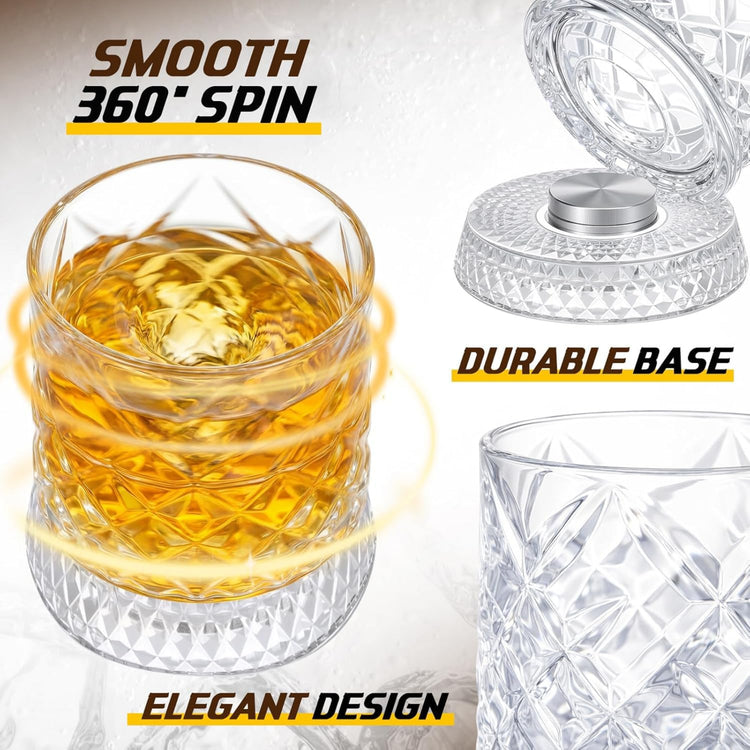 IndElite Luxury Rotating Whiskey Glass Set of 1| Crystal Cut Spinning Whisky Glass with LED Light Coaster | Premium Barware Gift for Men & Whiskey Enthusiasts