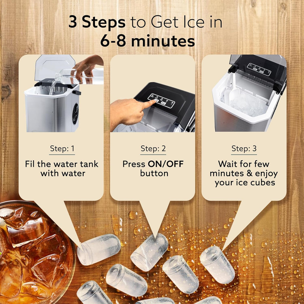 AGARO Regal Ice Maker 1.2L Countertop Machine, 9 Cubes in 6 Mins, 2 Bullet Ice Sizes, Portable with Handle, Self-Cleaning Stainless Steel Ice Maker for Home Kitchen & Office (Silver)