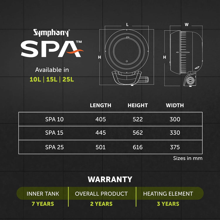 Symphony SPA Geyser 25 Litre 5 Star BEE Rating Water Heater | Hair Fall Control Smart Geyser | PUROPOD Filter | 2KW Heating | Glassline Tank | Free Installation