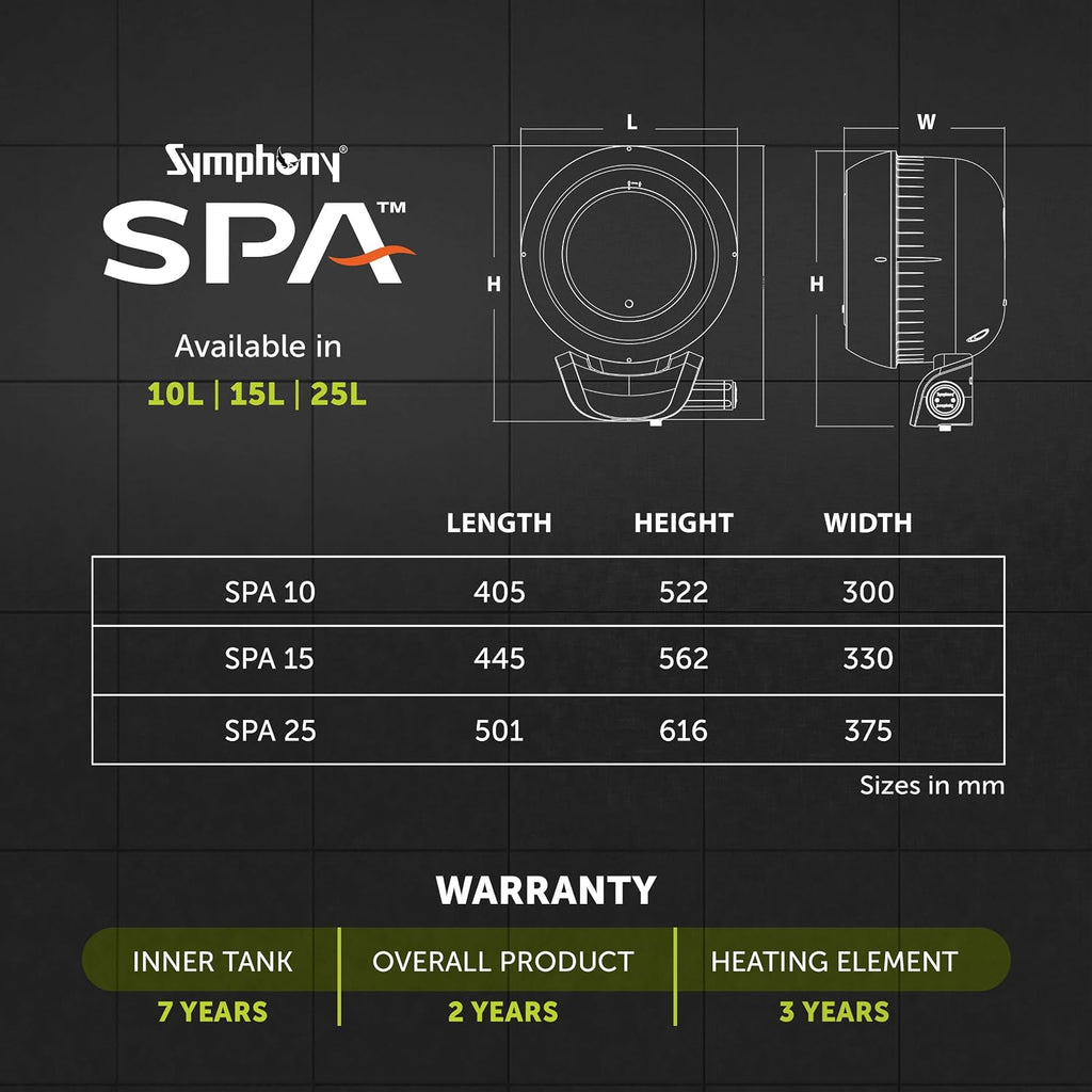 Symphony SPA Geyser 15 Litre 5 Star BEE Rating Water Heater | Hair Fall Control Smart Geyser | PUROPOD Filter | 2KW Heating | Glassline Tank | Free Installation