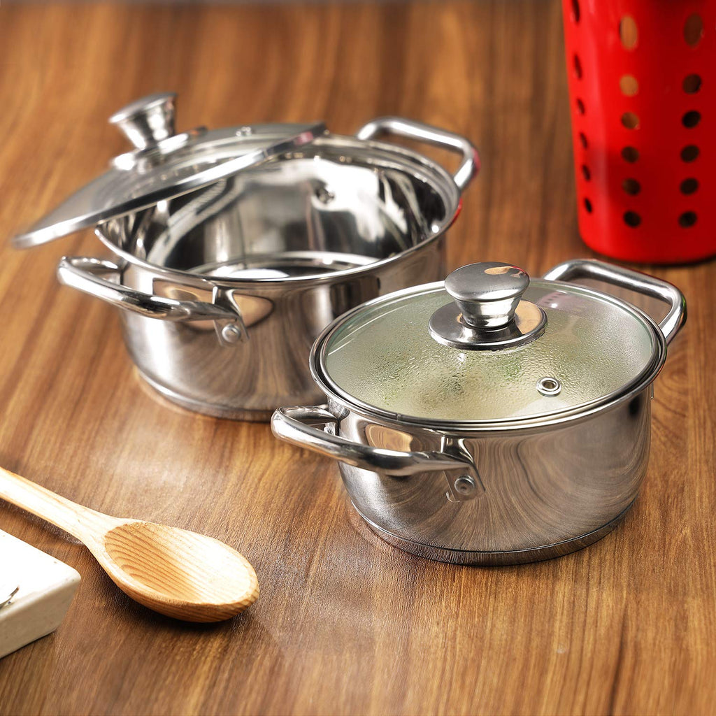 Vinod Roma Saucepot Stainless Steel Set of 2 with Glass Lid | 1.1 and 1.5 Litre | Biryani Pot | Sandwich Bottom | Rivetted Handle| Induction & Gas Base | 2 Year Warranty