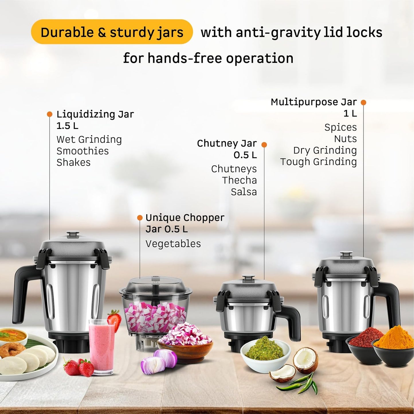 Atomberg Zenova Mixer Grinder | Unique Coarse Mode for Silbatta-like Texture | Intelligent BLDC Motor | Safety Features | 4 Jars including Chopper | Hands-Free Operation (Sand Grey)
