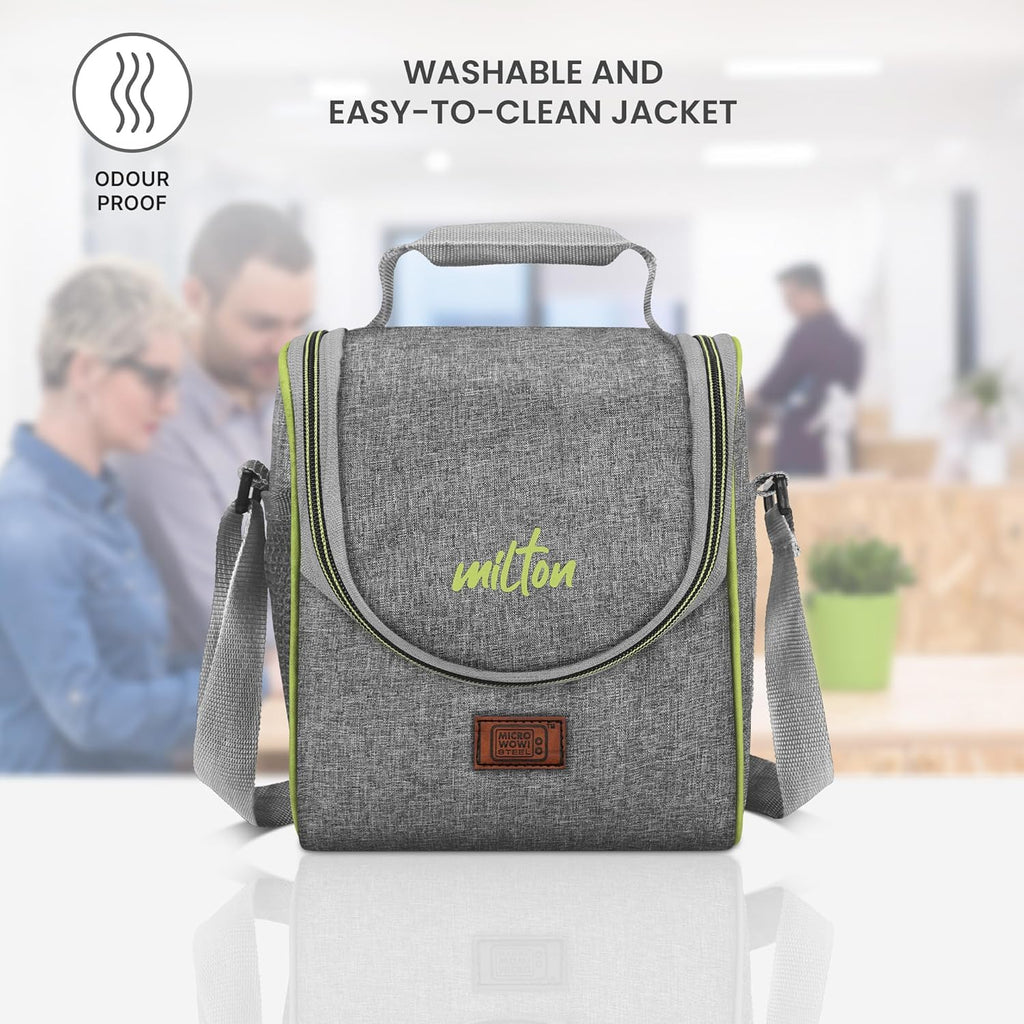 MILTON Dazzle Lunch Box, 3 Microwave Safe Inner Steel Containers 320 ml Each, Steel Bottle 430 ml with Cutlery, Tiffin Box Steel, Lunch Box Bags, Grey