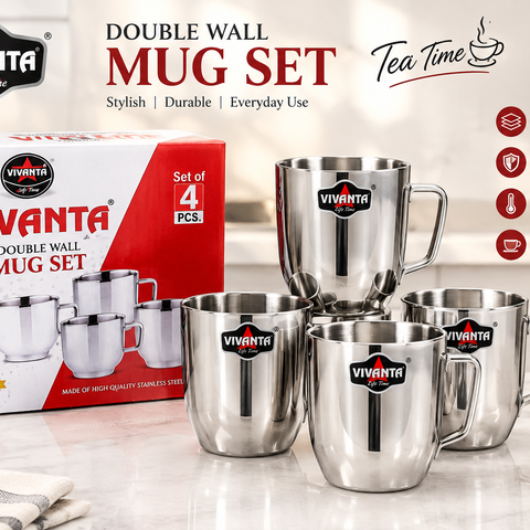 **VIVANTA Double Wall Stainless Steel Mug Set of 4 | Premium Insulated Tea & Coffee Cups | Rust-Resistant Steel Mugs with Comfortable Handles | Hot & Cold Beverage Cups**