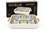 Bonjour Monarch Insulated Stainless Steel Chafing Dish with 2.5L Corner Containers & 1.5L Centre Containers, Glass Lids and Gold Finish Handles-Cream