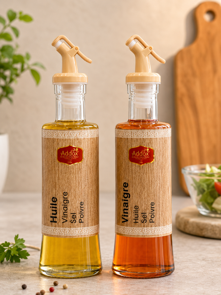 Addox Glass Oil & Vinegar Dispenser Set with Wooden Finish Cover | Kitchen Oil Bottle & Sauce Dispenser with Easy-Pour Spout