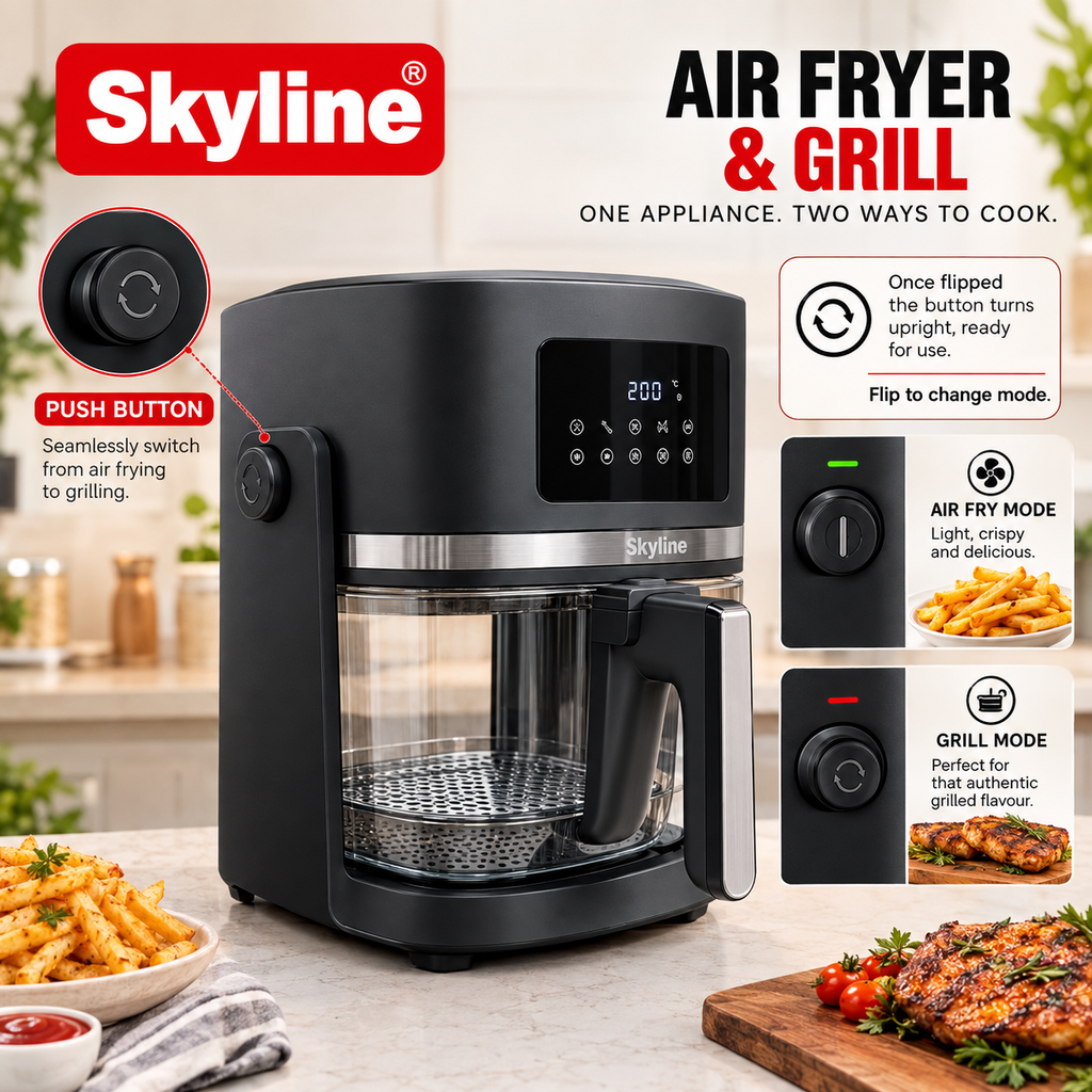 Skyline VTL-5120 1500W 2-in-1 Convertible Air Fryer & Cooking Pan, 4.5L Frying Basket + 2L Pan, 360° Hot Air Technology, Fry Roast Grill Bake & Cook, Non-Stick Low-Oil Air Fryer