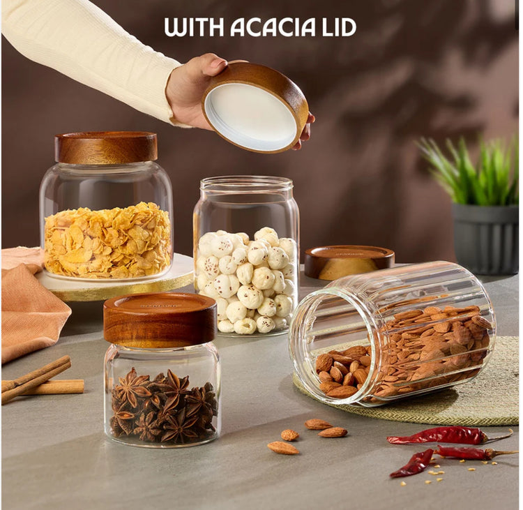 Borosil Glass Jar with Acacia Wood Lid | Borosilicate Glass Storage Jar for Dry Fruits, Spices & Snacks | Airtight Glass Container for Kitchen & Pantry-1200ml