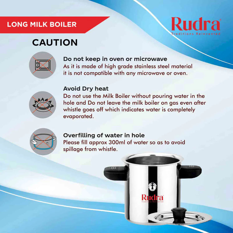 Rudra 1Ltr Stainless Steel Long Milk Boiler with Whistle | Induction & Gas Compatible | Cool Touch Handles | Wide Mouth Milk Boiling Pot