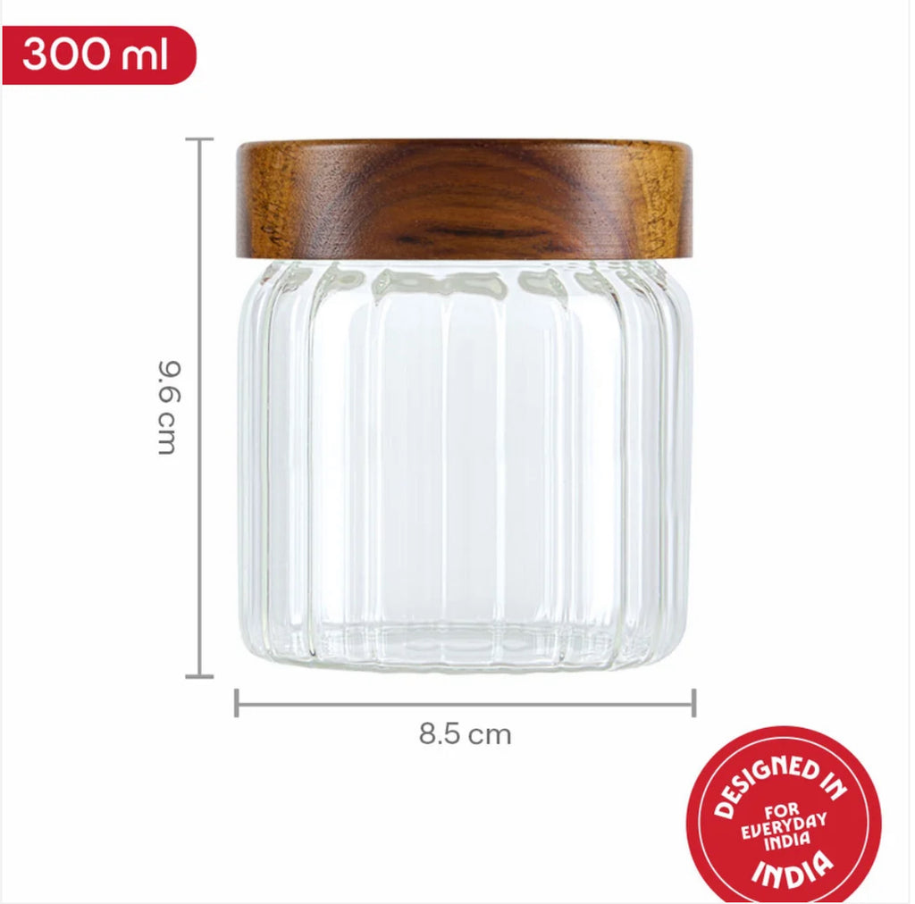 Borosil Glass Jar with Acacia Wood Lid | Borosilicate Glass Storage Jar for Dry Fruits, Spices & Snacks | Airtight Glass Container for Kitchen & Pantry-300ml