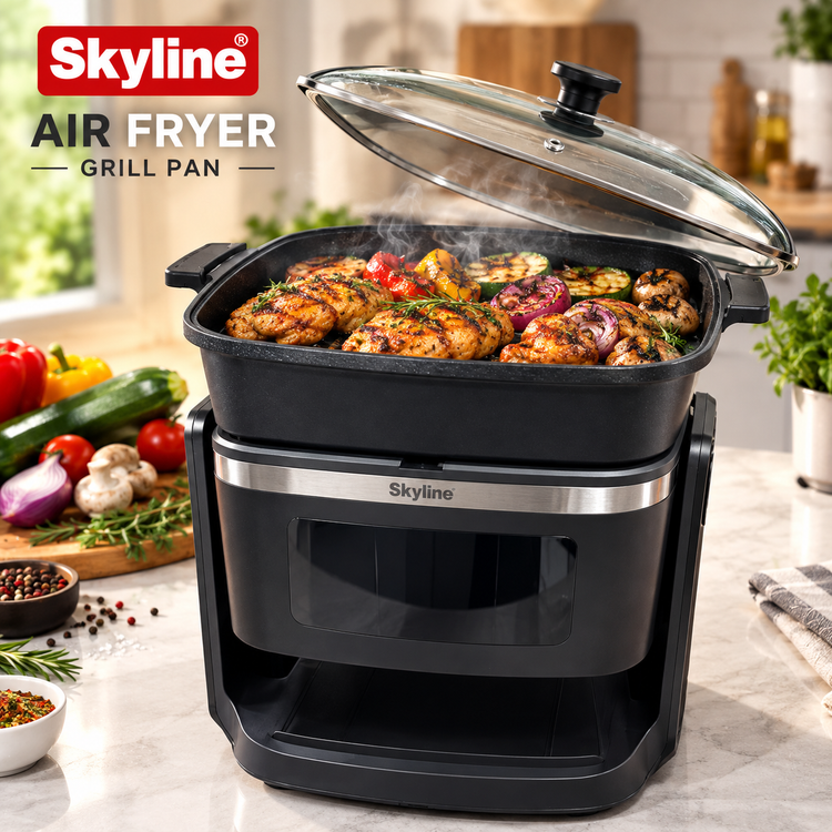 Skyline VTL-5120 1500W 2-in-1 Convertible Air Fryer & Cooking Pan, 4.5L Frying Basket + 2L Pan, 360° Hot Air Technology, Fry Roast Grill Bake & Cook, Non-Stick Low-Oil Air Fryer