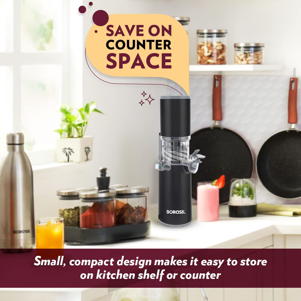 Borosil 130W Easy Cold Press Slow Juicer | Compact Design Portable Less Oxidation, Anti Drip Outlet Lid | Fruit & Vegetable Juicer | 1 Year Warranty | Black