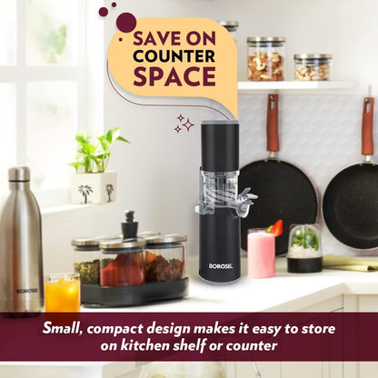 Borosil 130W Easy Cold Press Slow Juicer | Compact Design Portable Less Oxidation, Anti Drip Outlet Lid | Fruit & Vegetable Juicer | 1 Year Warranty | Black