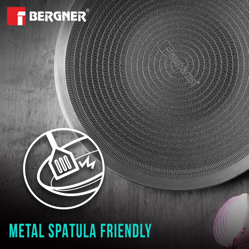 BERGNER Hi-Tech Giro Triply Stainless Steel 28cm Roti Tawa, Honeycomb Mesh Non-Stick Coating, PFOA Free, Even Heat Distribution, Sturdy and Durable Stay Cool Handle - Induction and Gas Stove Ready