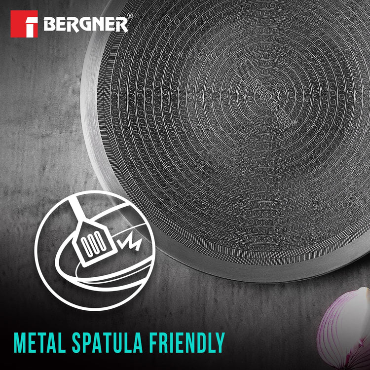 BERGNER Hi-Tech Giro Triply Stainless Steel 28cm Roti Tawa, Honeycomb Mesh Non-Stick Coating, PFOA Free, Even Heat Distribution, Sturdy and Durable Stay Cool Handle - Induction and Gas Stove Ready