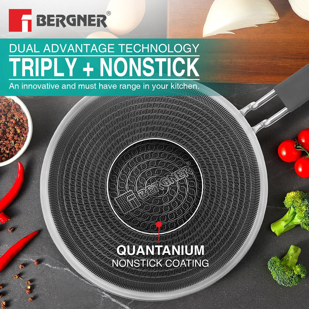 BERGNER Hi-Tech Giro Triply Stainless Steel 28cm Roti Tawa, Honeycomb Mesh Non-Stick Coating, PFOA Free, Even Heat Distribution, Sturdy and Durable Stay Cool Handle - Induction and Gas Stove Ready