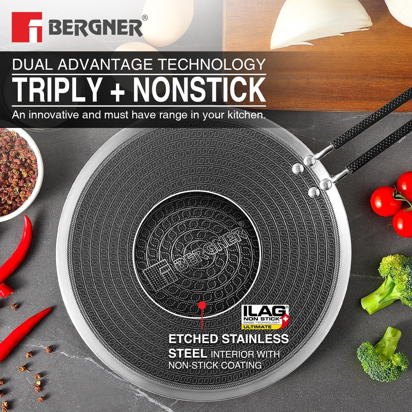 BERGNER Hi-Tech Giro Triply 22cm RotiTawa, Honeycomb Mesh Non-Stick Coating, PFOA Free, Even Heat Distribution, Sturdy and Durable Stay Cool Handle - Induction and Gas Stove Ready