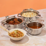 Vinod Bremen Stainless Steel Saucepot Set of 3 with Glass Lids | 2.5 mm Heavy Bottom | for Soups, Curries, Rice & Pasta | Riveted Handles | Induction & Gas Compatible | 2 Yr Warranty – Silver